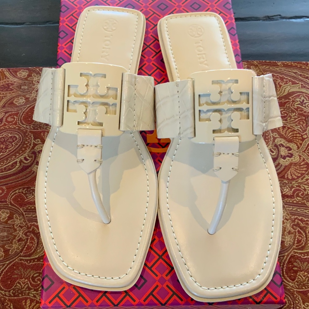 TORY BURCH GEORGIA CROC EMBOSSED NEW CREAM SANDAL/Sz 9.5, BNIB, MSRP $248